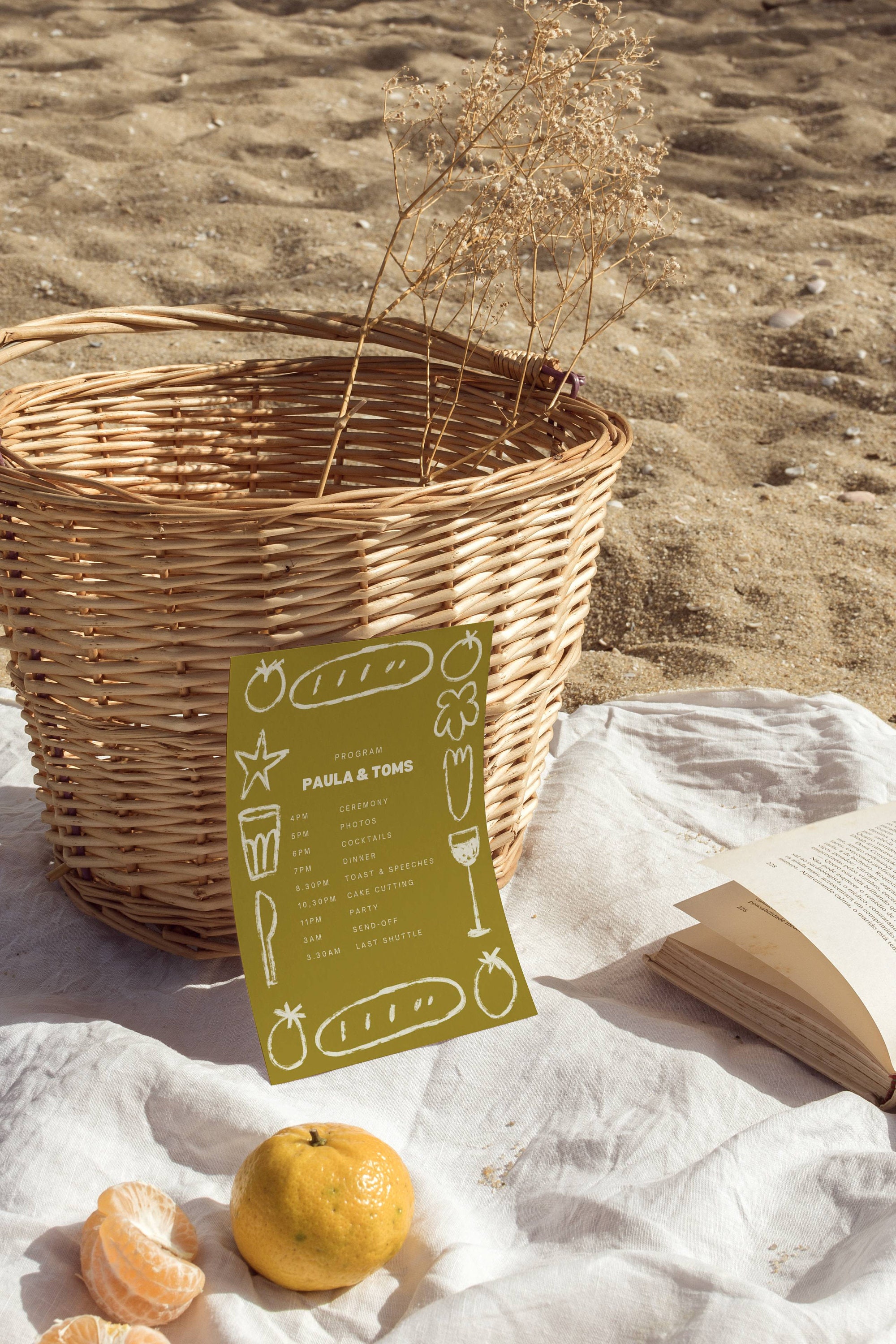 Illustrated Wedding Program | Summer Wedding Green | Custom Hand Drawn ...