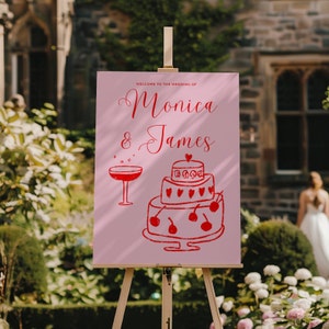 Roze vintage welkomstbord | Op de dag Briefpapier | Handgetekende bruiloft briefpapier | Cool uniek kleurrijk trouwbord | Rode afbeelding