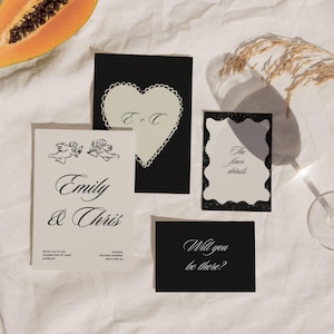 Cupido handgetekende bruiloftsuitnodiging | Op maat geïllustreerd bruiloftsbriefpapier | Unieke cherubijnbruiloft | Witte zwarte stationaire set