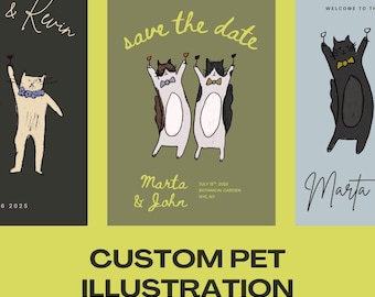 Hand drawn Personalized wedding illustration pet | cats dogs pets hand drawn logo gift stationery | custom pet portrait