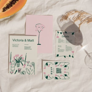 Handgeschriebene Hochzeit einladen Set | Kundenspezifisches Hochzeits-Briefpapier | Garten Blumen Modernes farbenfrohes Design | Rosa grüne Einladung
