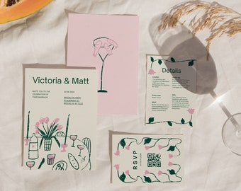 Hand-Written Wedding Invite Suite | Custom Designed Wedding Stationery  | Garden Floral Modern Colorful Design | Pink green Invitation