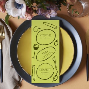 Geïllustreerde trouwmenu's | Op de dag Briefpapier | Handgetekende briefpapier |  Kleurrijke gewaagde huwelijksuitnodiging | Illustratie voedselmenu groen