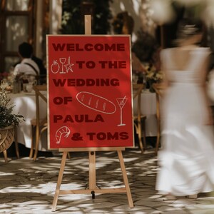 Handgeschriebenes Willkommensschild | Zum Tag des Tages Briefpapier Handgezeichnetes Briefpapier | Bunte Hochzeit Schild Staffelei | Moderne rote, skurrile Illustration