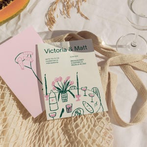 Floral illustrierte Hochzeitseinladung | Benutzerdefinierte Hand gezeichnet Hochzeit Briefpapier | Einzigartige moderne helle bunte Hochzeit | Lädt grün pink ein