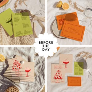 Papeterie de mariage « Avant le jour » | Mariage d'été dessiné à la main |  Suite d'invitation colorée unique | Lot mariage amusant | rose vert orange