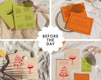 Before the day wedding stationery | Summer Hand Drawn Wedding |  Unique Colorful Invitation sutie | Fun Wedding Bundle | pink green orange