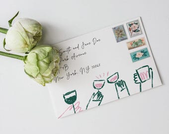 Cheers Wedding Invitations Envelopes | Digital Wedding Stationery | Champagne whimsical wedding envelope design | Hand drawn illustration
