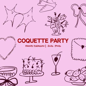 Peut inclure: Illustrations dessinées à la main sur fond rose, dont un gâteau, un cocktail, des fleurs et une colombe. Le texte "COQUETTE PARTY" est en rouge, avec "HAND DRAWN | .SVG .PNG". L'image a un thème fantaisiste et festif.