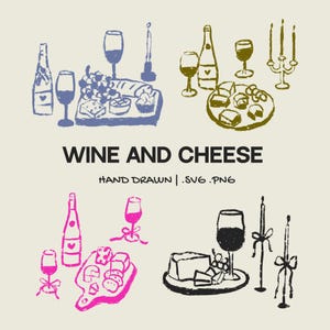 Hand-Drawn Wine And Cheese Board Illustration Set | Whimsical Charcuterie Clipart | SVG & PNG for Wedding And Bridal Shower Designs