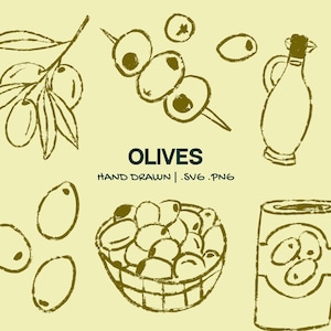 May include: Hand-drawn illustration of olives in various forms, including a bowl of olives, a branch of olives, a jar of olives, and olives on a skewer. The text "OLIVES HAND DRAWN | SVG .PNG" is included in the image.