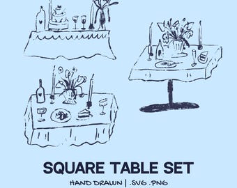 Hand-Drawn Square Dinner table Illustration Set | Whimsical Wedding Clipart | Wedding Rehearsal Bachelorette Drinks Invitations