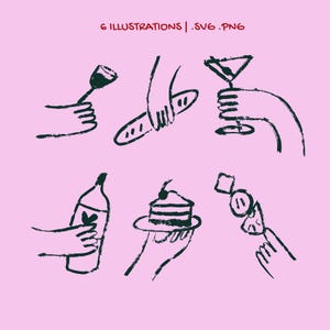 Peut inclure: Illustration de six dessins &agrave; la main sur fond rose. Les images incluent un verre &agrave; vin, une baguette, un verre &agrave; martini, une bouteille de vin, une part de g&acirc;teau et une brochette de nourriture. Le texte "6 ILLUSTRATIONS | .SVG.PNG" est en haut.