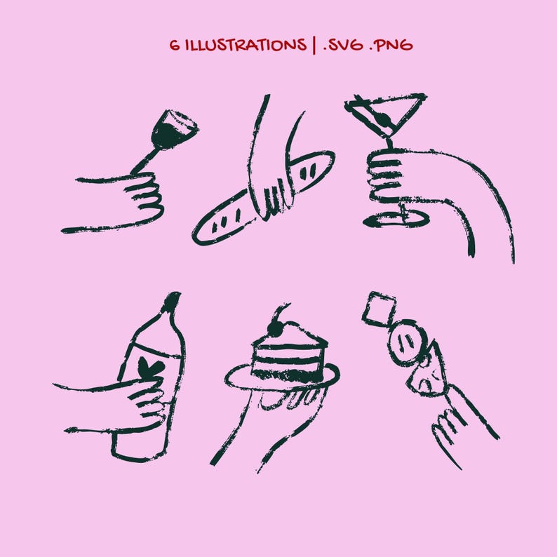 Peut inclure: Illustration de six dessins &agrave; la main sur fond rose. Les images incluent un verre &agrave; vin, une baguette, un verre &agrave; martini, une bouteille de vin, une part de g&acirc;teau et une brochette de nourriture. Le texte "6 ILLUSTRATIONS | .SVG.PNG" est en haut.