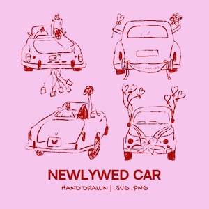 Hand-Drawn Wedding Car  Illustration Set | Whimsical Wedding Clipart | Bride Groom Car Invitations SVG & PNG for Wedding Bridal Shower