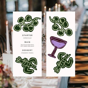 Set de table de mariage Menu illustré | Le jour Papeterie | Papeterie dessinée à la main |  Menu de nourriture de mariage audacieux coloré moderne vert violet
