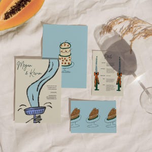 Handgezeichnete Hochzeitseinladung Set | Personalisiertes Hochzeits-Briefpapier | Einzigartige moderne bunte Hochzeit | Blau orange Italien Briefpapier Set