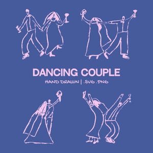 Conjunto de ilustrações de casal dançando desenhado à mão | Clipart de casamento caprichoso | Convites de bebidas para noiva e noivo SVG e PNG para chá de panela de casamento