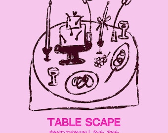 Conjunto de ilustraciones de mesa para cenas dibujadas a mano / Imágenes prediseñadas de comida italiana con un toque de fantasía / Gráficos para bodas y eventos: invitaciones, menús y garabatos.