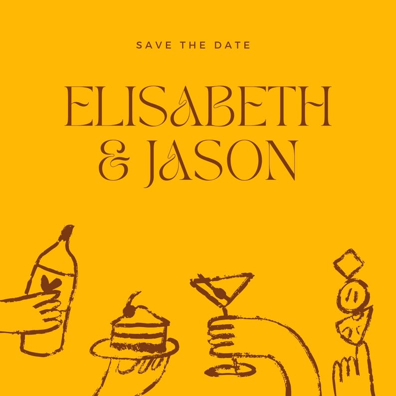 Peut inclure: Carte de faire-part jaune moutarde avec les noms Elisabeth & Jason en police serif. La carte pr&eacute;sente des dessins au trait d'une bouteille, d'un g&acirc;teau, d'un martini et d'amuse-gueules, sugg&eacute;rant une c&eacute;l&eacute;bration.