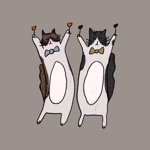 May include: Illustration of two anthropomorphic cats toasting with wine glasses. The cats are white with black and brown markings, wearing bow ties. One cat holds an orange-colored drink, the other a red-colored drink. The background is a solid gray.