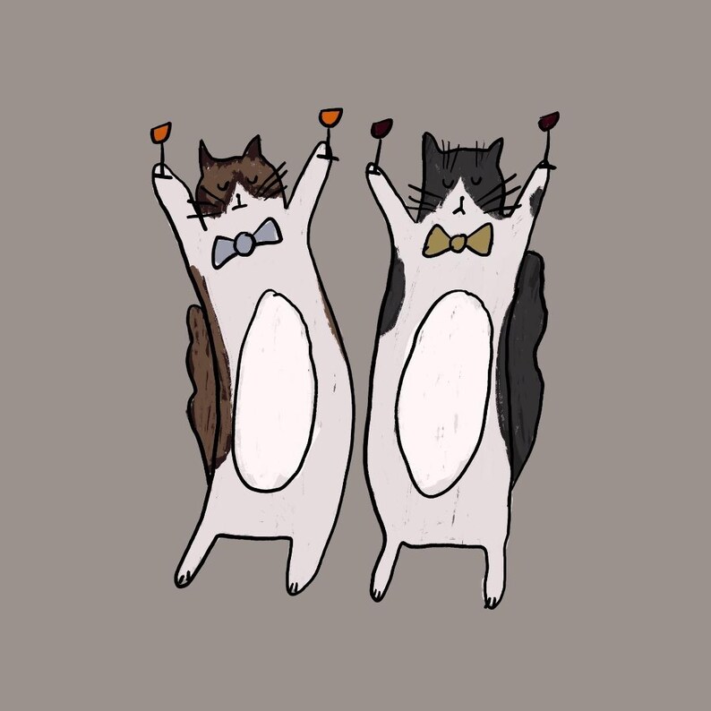 May include: Illustration of two anthropomorphic cats toasting with wine glasses. The cats are white with black and brown markings, wearing bow ties. One cat holds an orange-colored drink, the other a red-colored drink. The background is a solid gray.