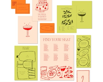Summer wedding bundle | Illustrated wedding suite | Hand drawn Wedding Stationery | Unique Modern Colorful Invitation Pink Green Orange