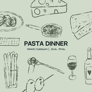 Hand-Drawn Pasta Dinner Party Illustration Set | Whimsical Italian Food Clipart | Wedding And Event Graphics for Invitations Menus Doodles