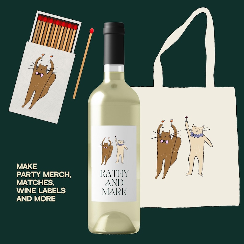 May include: A bottle of white wine with a custom label, a matchbox, a match, and a tote bag. The label and tote bag feature a cartoon cat design. The text on the label reads "KATHY AND MARK". The matchbox has a cartoon cat design.