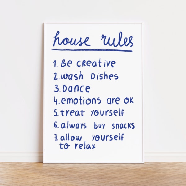 Trendy Quote Poster - House rules - Dorm Room Art - Aesthetic Poster - Retro Quote Wall Print - Affirmations Print - Digital Download Poster