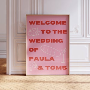 Modern Welcome Sign | On the day Stationery | Hand Drawn Wedding Stationery | Unique Colorful Wedding Easel Sign | Pink red illustration