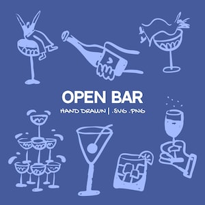 Handgezeichnete Getränke Bar Menü Illustration Set | Skurrile Hochzeit Clipart | Elegante Bar Getränke Einladungen SVG & PNG für Hochzeit Brautparty