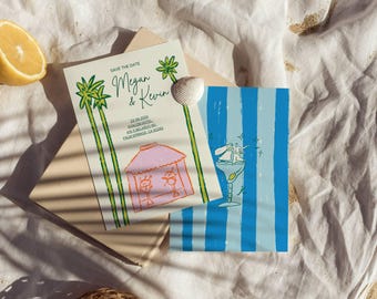 Illustrated Wedding Invitation | Custom Hand drawn Wedding Stationery  | Unique Modern Bright Colorful Wedding | Invites blue