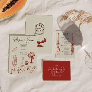 Handgezeichnete Hochzeitseinladung Set | Personalisiertes Hochzeits-Briefpapier | Einzigartige Vintage Bunte Hochzeit | Rot schwarzes Briefpapier Set