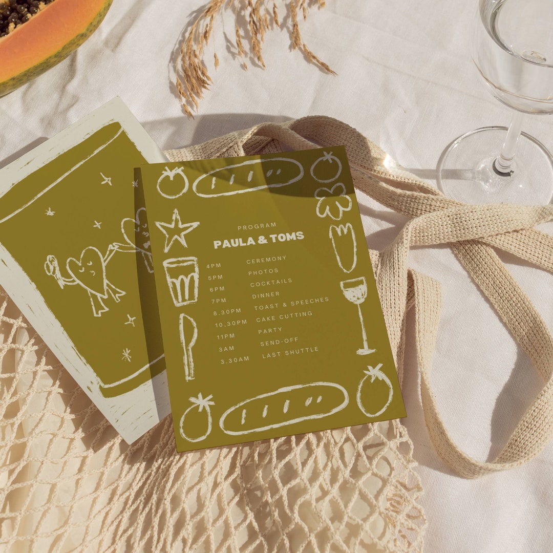 Illustrated Wedding Program | Summer Wedding Green | Custom Hand Drawn ...