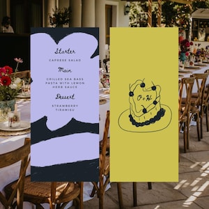 Menus de mariage illustrés | Le jour Papeterie | Papeterie dessinée à la main |  Faire-part de mariage audacieux coloré | Illustration de menu alimentaire vert