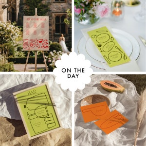 Am Tag Hochzeitsgarnitur | Bunte Sommerhochzeit | Hand gezeichnetes Hochzeit Briefpapier |  Helle moderne Einladungen | Unikat grün orange pink
