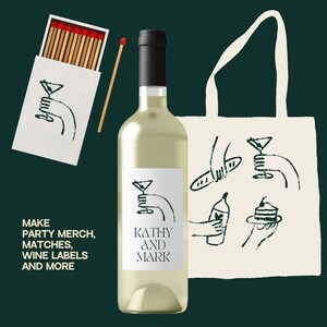 Peut inclure: Une bouteille de vin blanc avec un bouchon noir et une &eacute;tiquette blanche avec l'inscription "Kathy and Mark". Un sac fourre-tout blanc avec des illustrations noires de mains tenant de la nourriture et des boissons. Une bo&icirc;te d'allumettes et une allumette sont &eacute;galement dans l'image. Le texte indique "Make party merch, matches, wine labels and more."