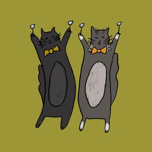 May include: Illustration of two anthropomorphic cats toasting with wine glasses. One cat is black with a yellow bow tie, the other is gray with an orange bow tie. The background is a solid olive green.