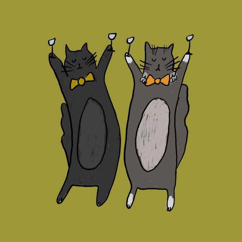May include: Illustration of two anthropomorphic cats toasting with wine glasses. One cat is black with a yellow bow tie, the other is gray with an orange bow tie. The background is a solid olive green.