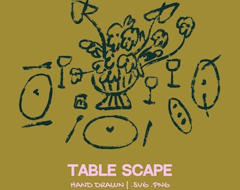 Ilustración de mesa para cena / Imágenes prediseñadas de comida para cena con un toque de fantasía / Gráficos para invitaciones, menús y eventos de boda y compromiso