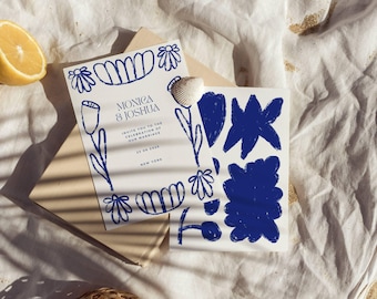 Hand drawn Wedding Invitation | Custom Illustrated Wedding Stationery  | Unique Modern Seaside Colorful Wedding | Invites blue