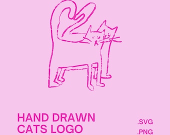 May include: A pink background features a hand-drawn logo of two cats in a playful pose. The text "HAND DRAWN CATS LOGO" is below the cats, with ".SVG" and ".PNG" to the right. The cats are drawn in a simple, crayon-like style.