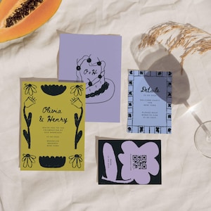 Handgetekende bruiloftsuitnodiging | Op maat geïllustreerd bruiloftsbriefpapier | Unieke moderne kleurrijke bruiloft | Roze groen oranje stationaire set