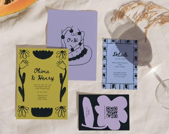 Hand Drawn Wedding Invite Suite | Custom Illustrated Wedding Stationery  | Unique Modern Colorful Wedding | Pink green orange stationary set