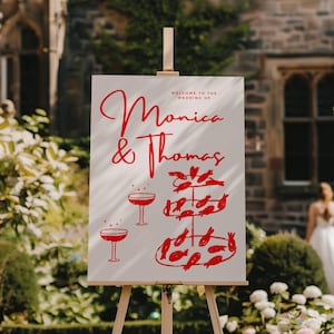 Rot Gekritzel Hochzeit Willkommensschild | Zum Tag des Tages Briefpapier Handgezeichnetes Briefpapier | Einzigartiges buntes Hochzeit Zeichen | Rosa Rote Illustration