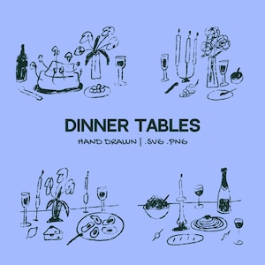 Hand-Drawn Dinner table Illustration Set | Whimsical Wedding Clipart | Wedding Rehearsal Bachelorette Drinks Invitations SVG & PNG