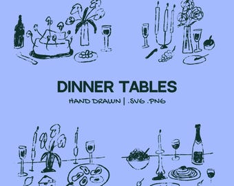 Hand-Drawn Dinner table Illustration Set | Whimsical Wedding Clipart | Wedding Rehearsal Bachelorette Drinks Invitations SVG & PNG