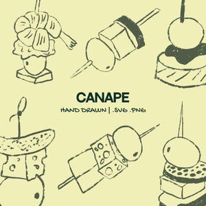 Hand-Drawn Canape Dinner Party Illustration Set | Whimsical Tapas Food Clipart | Wedding And Event Graphics for Invitations Menus Doodles