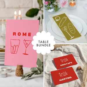 Décoration de table illustrée pour mariage | Menu Tableau des cartes de visite | Lot de papeterie de mariage dessinée à la main | Faire-part de mariage coloré moderne